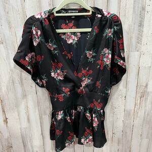 Express Black Rose Red Floral Peplum Tie Back Dark Floral Top Goth Whimsy Small